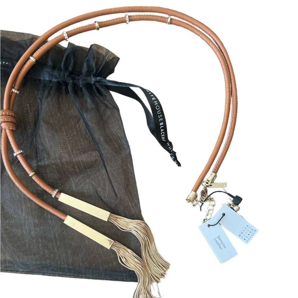 WhiteHouseBlack Market Tan/Camel Color Genuine Leather Gold Tone Lariat Necklace - Picture 2 of 4